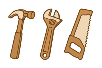 Essential construction and repair tools including a claw hammer, adjustable wrench, and handsaw set