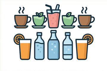 Collection of beverage icons including steaming coffee, herbal tea, fresh juice, bottled water, and fruit smoothie