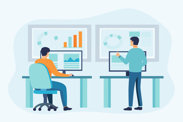 Two men working in a modern office analyzing financial data and charts on computers and screens