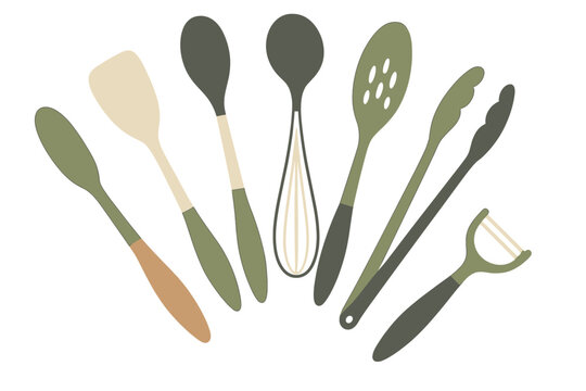 Collection of essential kitchen cooking implements including spatulas spoons whisk tongs and peeler