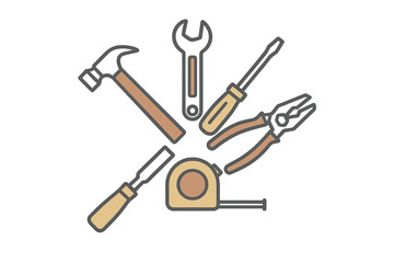 Essential construction and repair hand tools set including hammer, wrench, and screwdriver