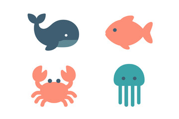 Simple flat design collection of cute marine animals whale fish crab and jellyfish