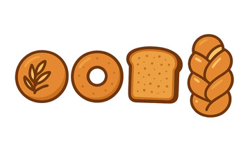 Four stylized icons of various baked goods including toast and braided bread