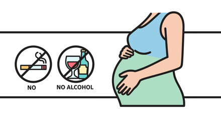 This vector illustration depicts a pregnant woman receiving important health advice to avoid smoking and alcohol for a healthy pregnancy.