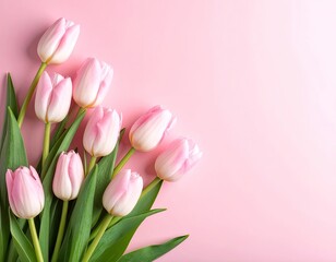 A beautiful bouquet of fresh pink tulips with green leaves on a plain pink surface