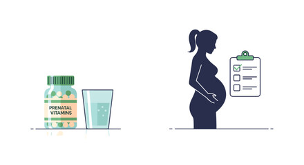 This modern vector illustration emphasizes vital prenatal care, showcasing a pregnant woman's silhouette, essential vitamins, and a health checklist for maternal wellness.