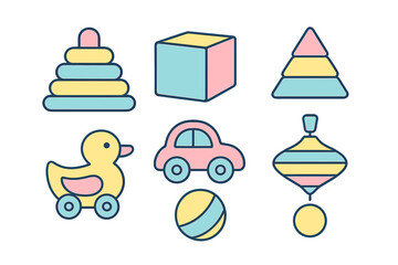 Pastel colored baby toys set including stacking rings block car and spinning top