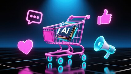 Neon lit robotic chip inside shopping cart with glowing ai ads icons, marketing strategy, ad performance