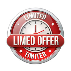Red limited offer badge with clock face design. Deadline, urgency, time-sensitive promotional graphic