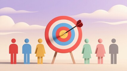Colorful bullseye target with dart and stylized human figures in calm scene, diverse audience concept, marketing strategy, ad performance