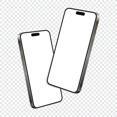 Two smartphones mockup with blank screens while levitating in the air on transparency grid layer