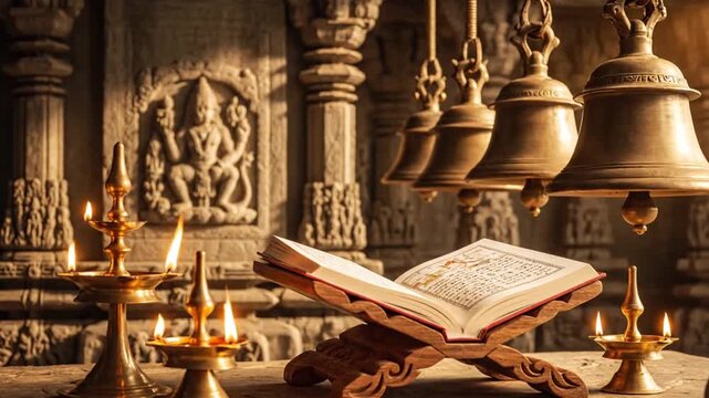 Sacred Temple Interior with Open Scripture, Lit Oil Lamps, and Hanging Bells. Spiritual Devotion, Ancient Wisdom & Cultural Heritage.