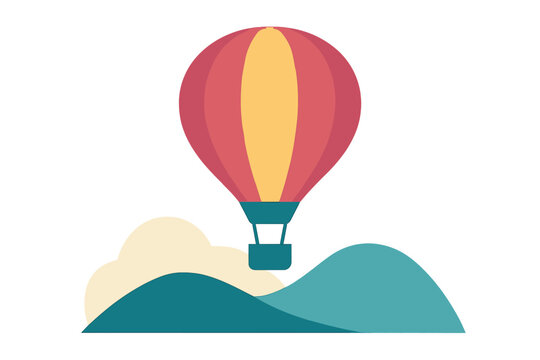 Vibrant hot air balloon flying high above green rolling hills and white fluffy clouds