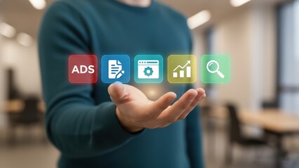 Man reaching toward glowing digital ads text and icons in soft office light, marketing strategy, ad performance