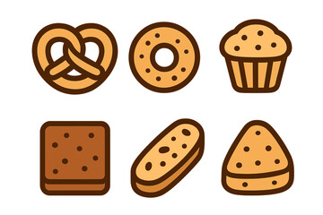 Assortment of baked goods and snacks including pretzel, donut, muffin, and biscuits