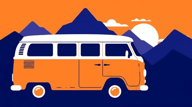 Retro Van Road Trip Adventure: Colorful Seamless Pattern with Mountains and Vehicles