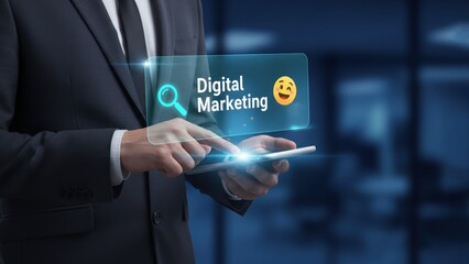 Businessman hands holding glowing smartphone with digital marketing hologram and playful icons, futuristic office, marketing strategy, ad performance