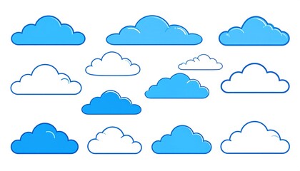 Cartoon illustrations of fluffy, stylized clouds in various shapes and sizes