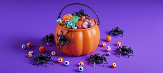 The pumpkin candy bucket filled with colorful sweets and creepy plastic spiders