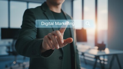 Businessman hand reaching pointing toward holographic search bar displaying digital marketing text in modern office, marketing strategy, ad performance