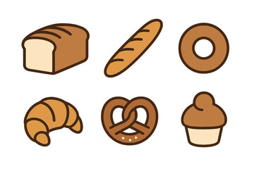Fresh baked goods assortment featuring bread loaf baguette croissant pretzel and donut