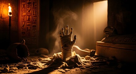 Mummy Hand Emerging from Sand in Ancient Egyptian Tomb Chamber

