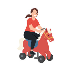 Woman Riding Toy Horse on Wheels. Flat vector illustration isolated on white background