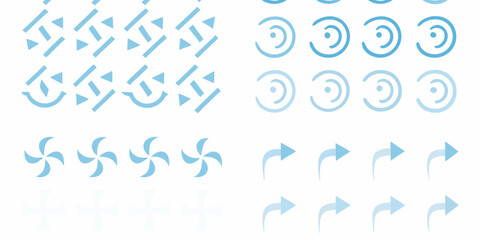 Collection of blue abstract geometric shapes and icons including arrows and circular patterns on a white background