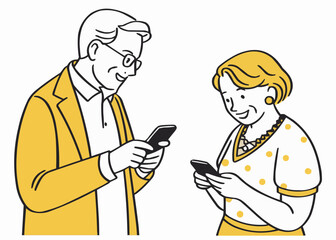 Vector illustration of smiling senior man and woman holding smartphones, modern flat design with limited black, white, and yellow color palette.