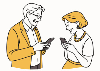 Vector illustration of smiling senior man and woman holding smartphones, modern flat design with limited black, white, and yellow color palette.