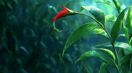 Close-Up of a Red Tropical Flower Amidst Lush Green Leaves in Soft Morning Light