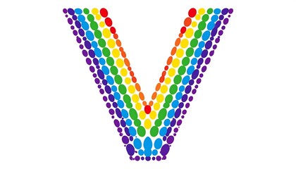 A stylized "V" is constructed from vibrantly colored, overlapping oval shapes forming a rainbow gradient. Against a pure white background
