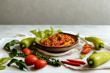 Spicy noodle dish with fresh vegetables and peppers