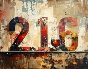 Artistic number 216 graphic, combined with a wine glass, set against a multicolored backdrop