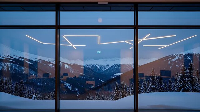 Viewing snow-covered mountain landscape through modern window with illuminated ceiling lights
