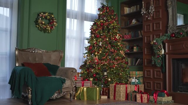 Classical Christmas decorated interior living room with fireplace. Christmas tree with red golden ornament decorations gift boxes. Modern classic style interior design apartment. Christmas eve at home