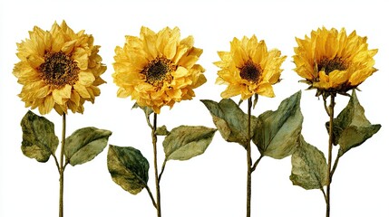 Naklejka premium Yellow sunflower flower with leaves collection isolated on white background.