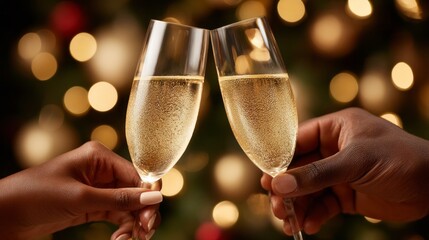 Two hands raise champagne flutes, clinking them together in a moment of celebration. Soft lights and ornaments create a warm, festive atmosphere filled with holiday cheer