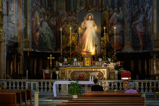 The Altar with the Divine Mercy image in Chiesa di Santo Spirito in Sassia [Church of the Holy Spirit in the Saxon District] in Rome, Italy.