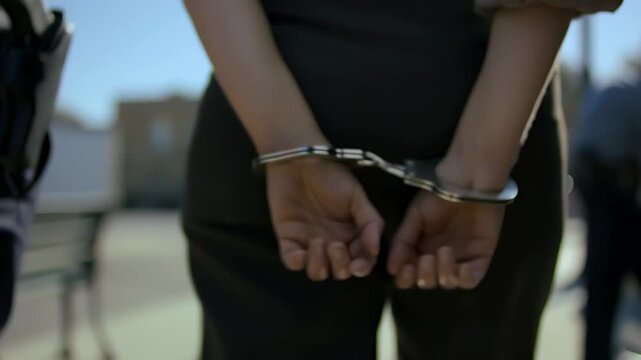 Individual in handcuffs being apprehended by police outdoors  