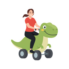 Woman Riding Dinosaur Toy on Wheels. Flat vector illustration isolated on white background