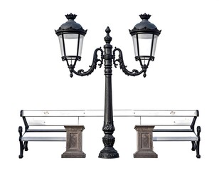 A symmetrical composition featuring an ornate black lamppost flanked by two identical benches, isolated against a white backdrop