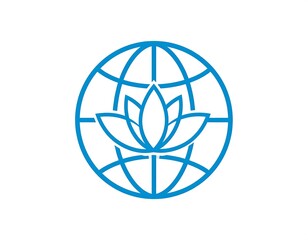 A stylized world map grid encircles an open lotus flower. Both are rendered in a vibrant light blue, set against a clean white backdrop