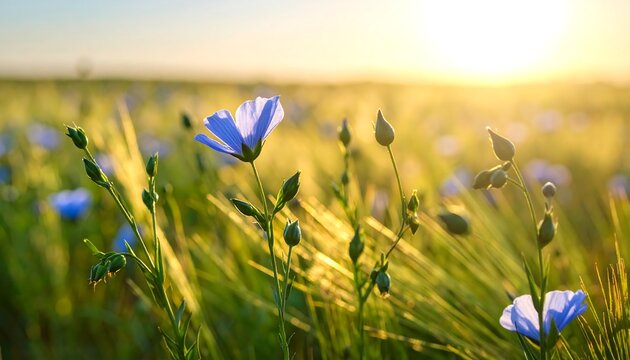 A sun-drenched field of wildflowers glows at sunset, the golden light illuminating delicate blue blossoms and swaying grasses - Powered by Adobe
