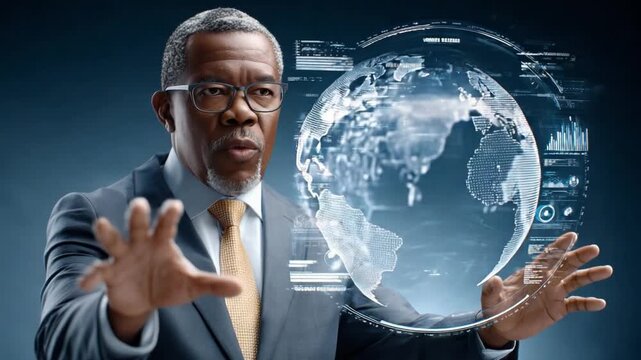 Global Vision: An experienced individual, clad in business attire, examines a futuristic, digital representation of planet Earth, signifying their grasp on global information