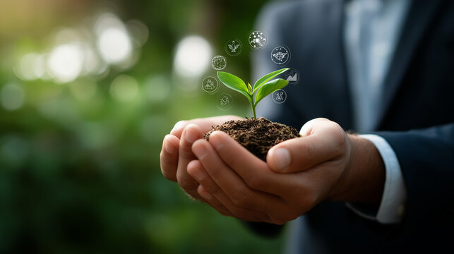 Environment target concept crop below eyes background softly defocused green business strategies with conservation businessman with virtual sustainability icons eco friendly