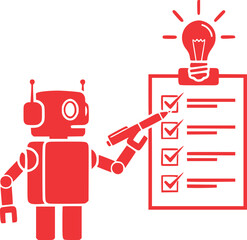 Red robot checking off tasks on clipboard with lightbulb idea above on transparent gray background