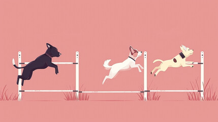 Dynamic dogs illustrated jumping over obstacles in a competitive agility course