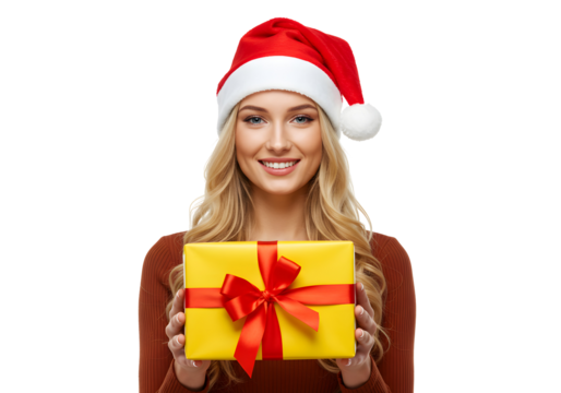 Smiling Woman in Santa Hat Holding a Bright Yellow Gift Box with Red Ribbon, Christmas Present