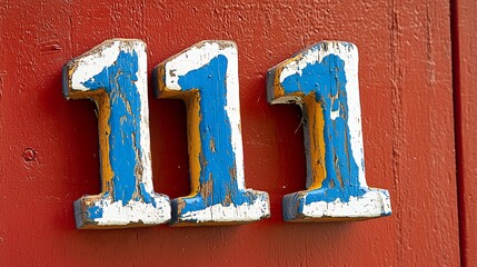 Close-Up of Weathered Blue and White House Number 111 on Red Wooden Door